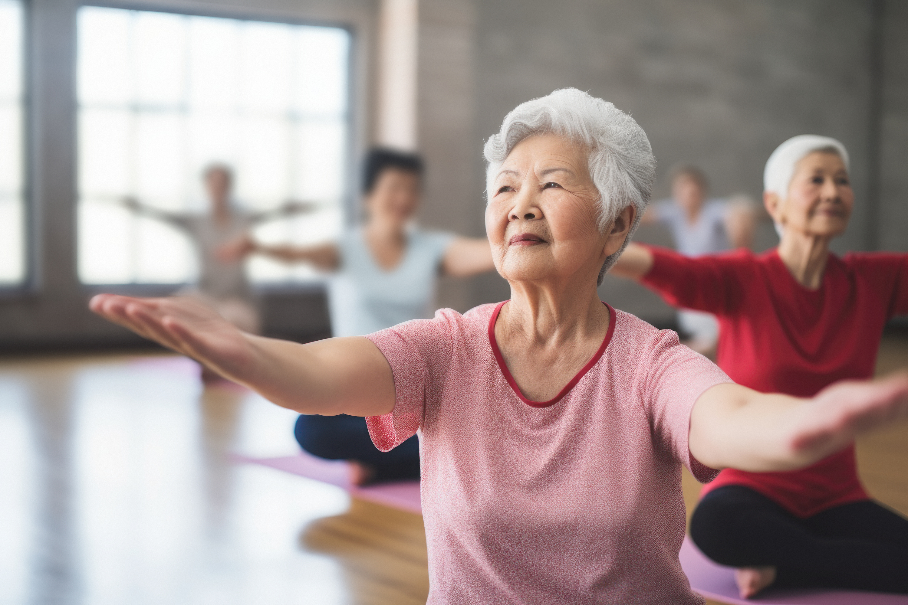 a group of active asian seniors learn yoga together indoors, to improve their physical condition and well-being, active aging concept.